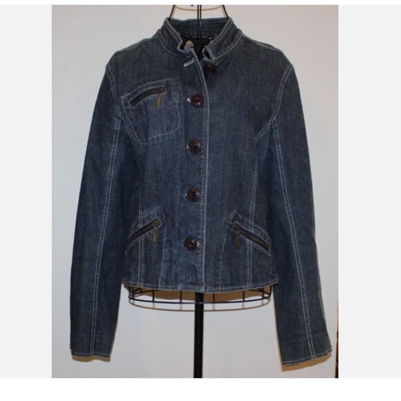 Jean Jacket Work to Weekend Blue Denim Blazer 12 Button Front Cotton Spandex - Picture 1 of 4